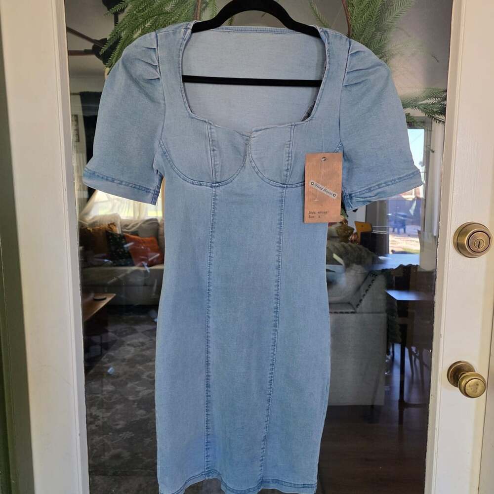 Nina Rossi NR869 Dress Size M Light Wash Denim Corset Mini Puff Sleeve